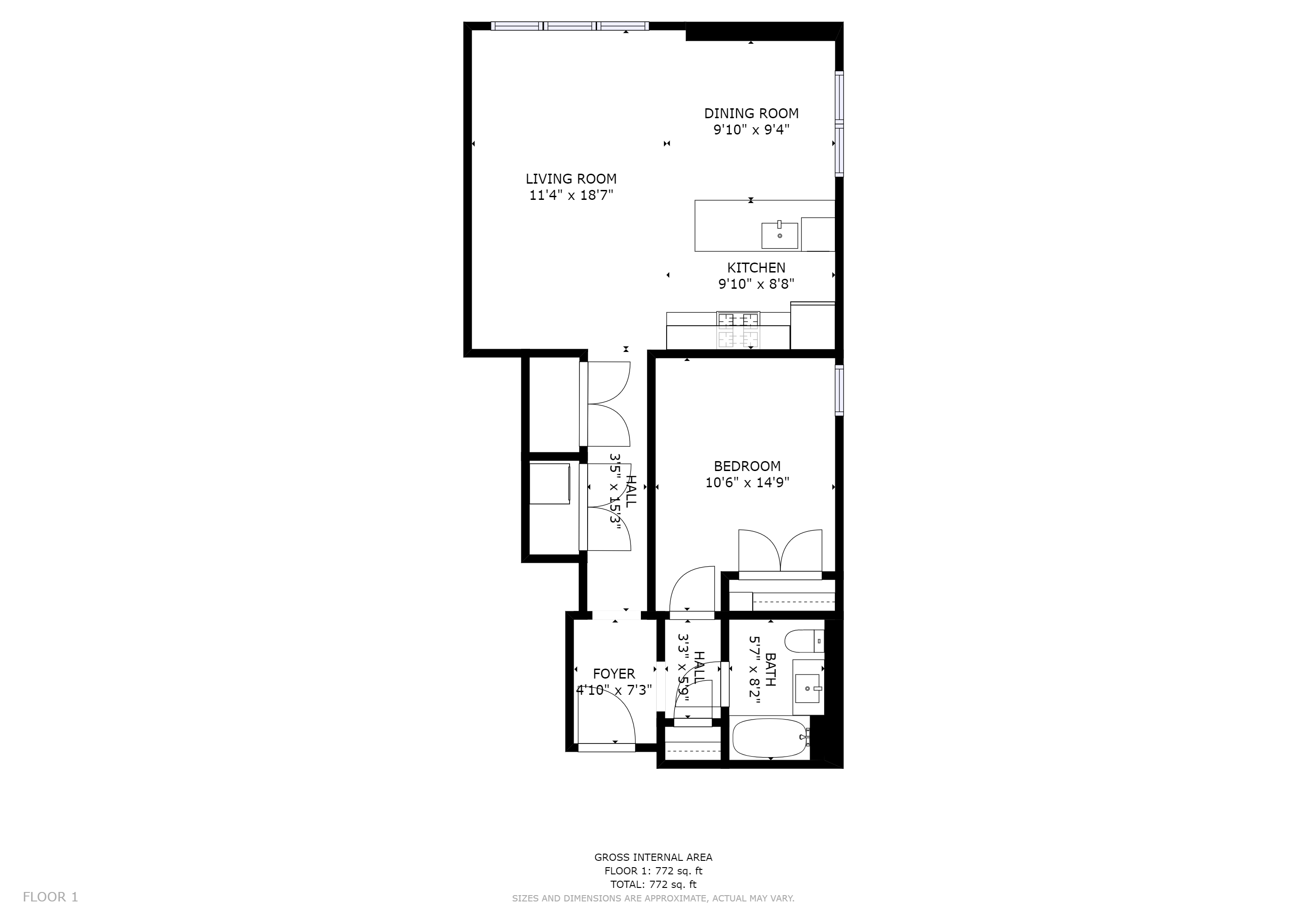 Floor plan for 1 bed, 1 bath, 858 sqft